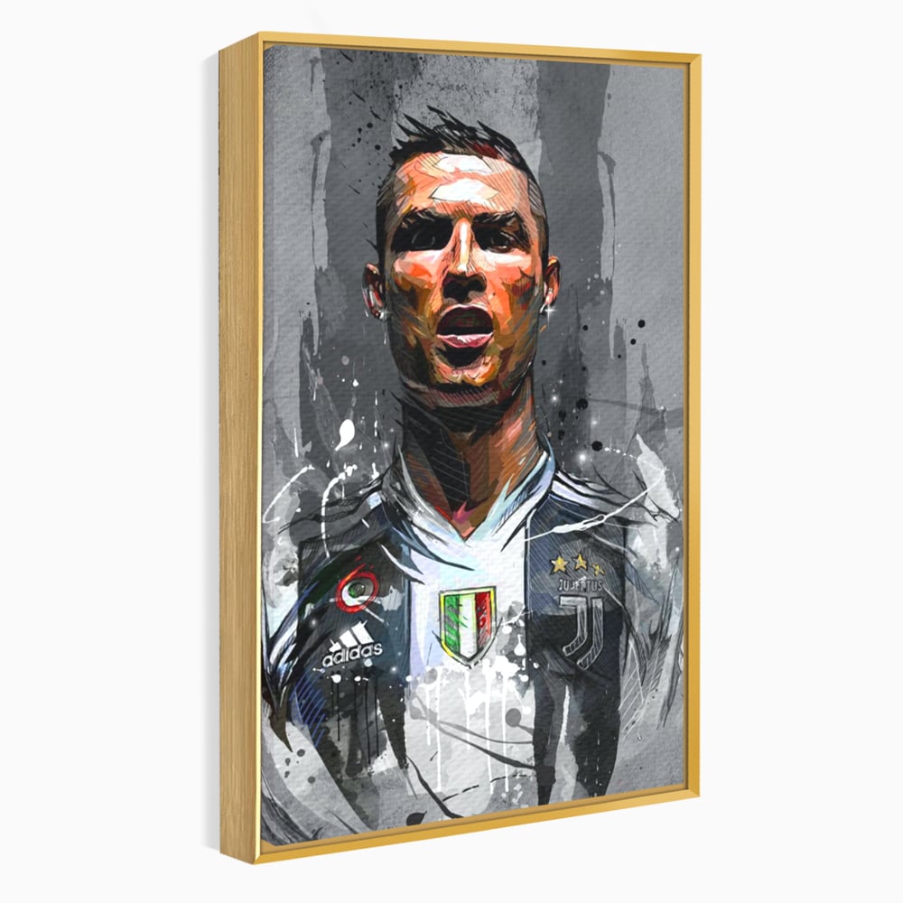 Tablou canvas cu tablou portret cristiano ronaldo juventus, in rama de aluminiu auriu